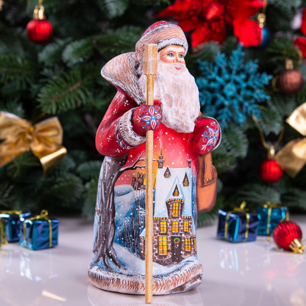 Red Santa Claus Figurine with Staff and Bag, Hand Painted Wood Christmas Decor with Snowy Landscape, Holiday Gift for Home or Collection