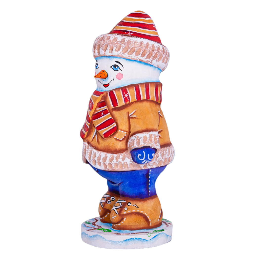 Hand-Carved Wooden Snowman Figurine: Christmas Holiday Decor (6 inch)