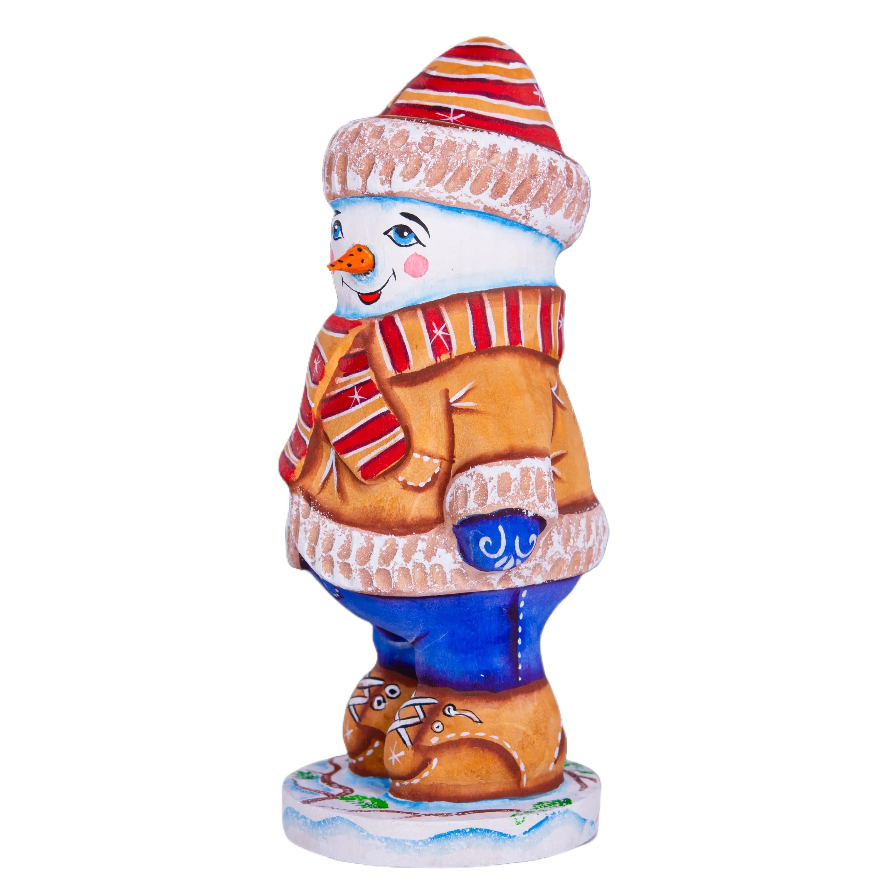 Hand-Carved Wooden Snowman Figurine: Christmas Holiday Decor (6 inch)
