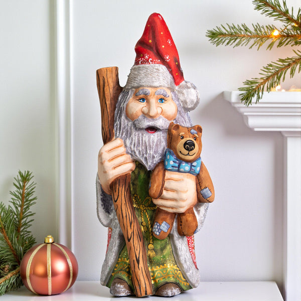 Hand carved wooden Santa figurine 10 inch, teddy bear gift, holiday mantel display