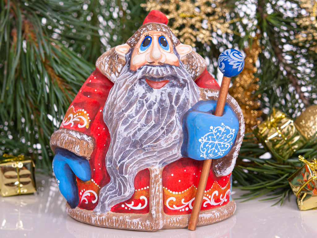 Hand carved Santa wooden figurine 6.3 inch, toy workshop scene
