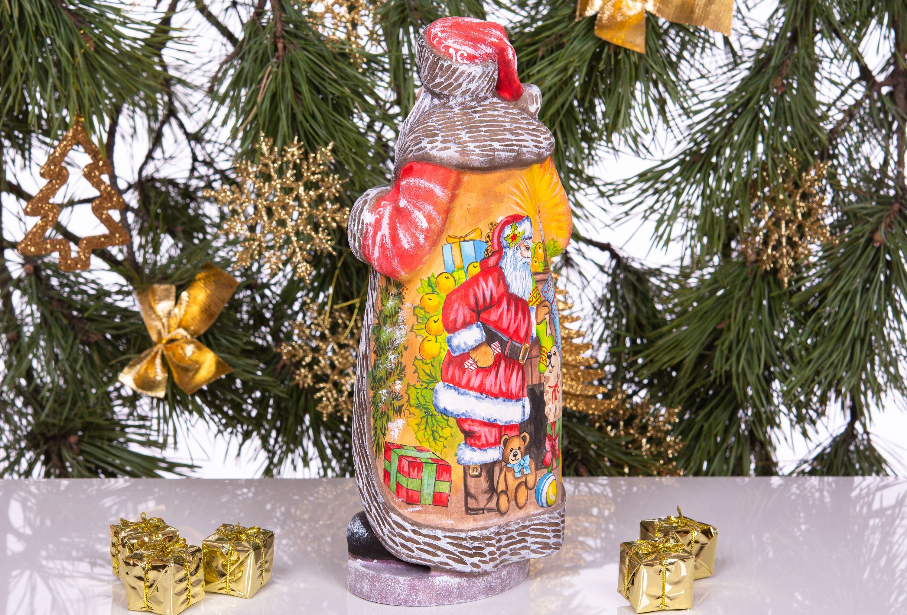 Hand Carved Wooden Santa Figurine: Folk Art Christmas Decor