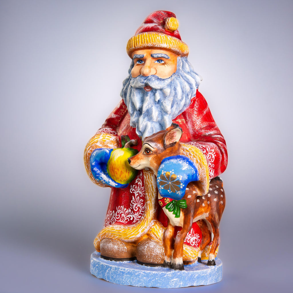 Hand carved Old-World Santa wooden figurine 14 inch, deer fawn apple scene, mantel decor
