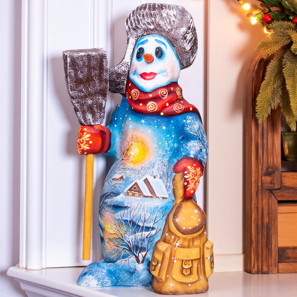 Snowman wooden statue 8 inch, holding broom, tabletop Christmas accent