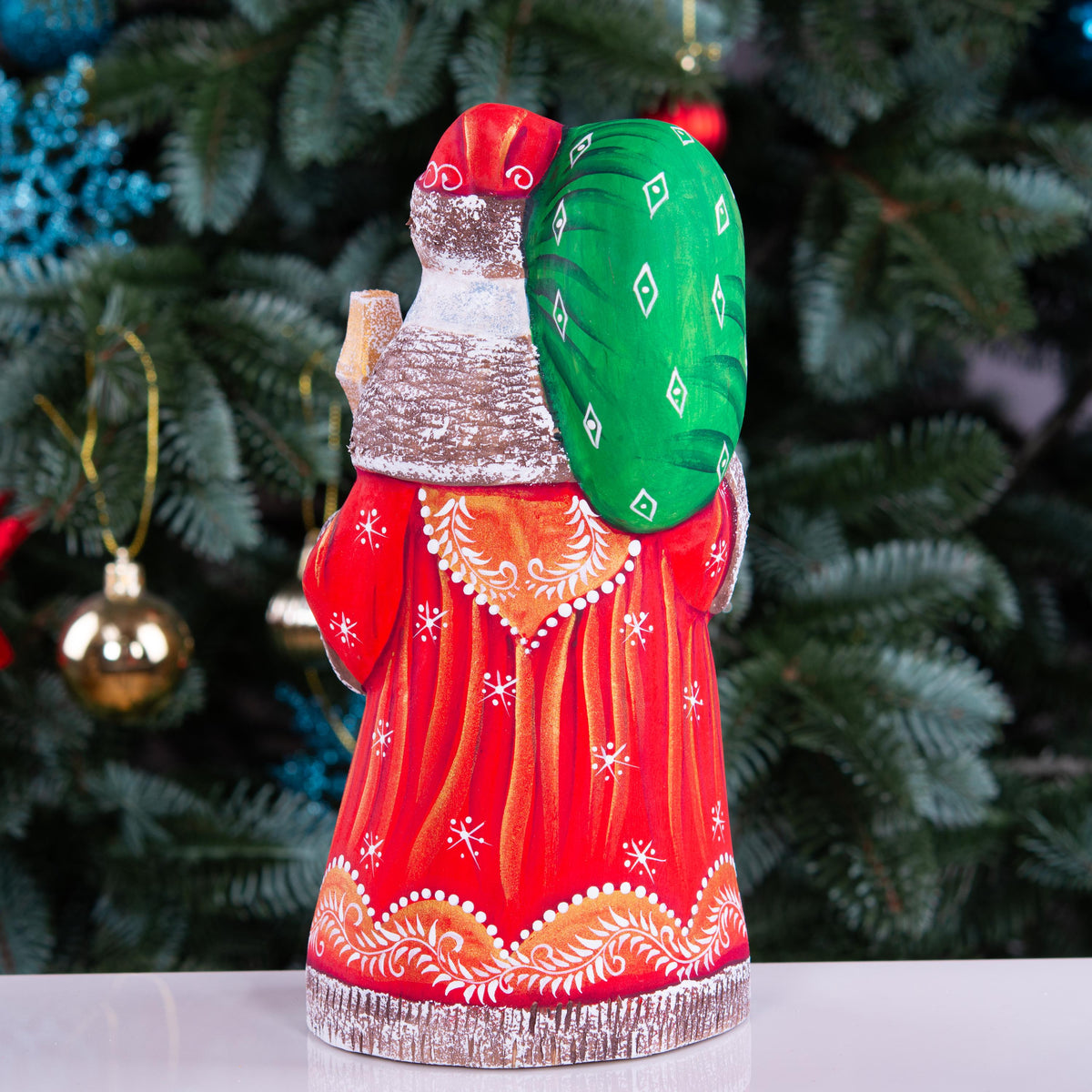 Hand carved wooden Santa figurine 8 inch, gift sack, mantel decor
