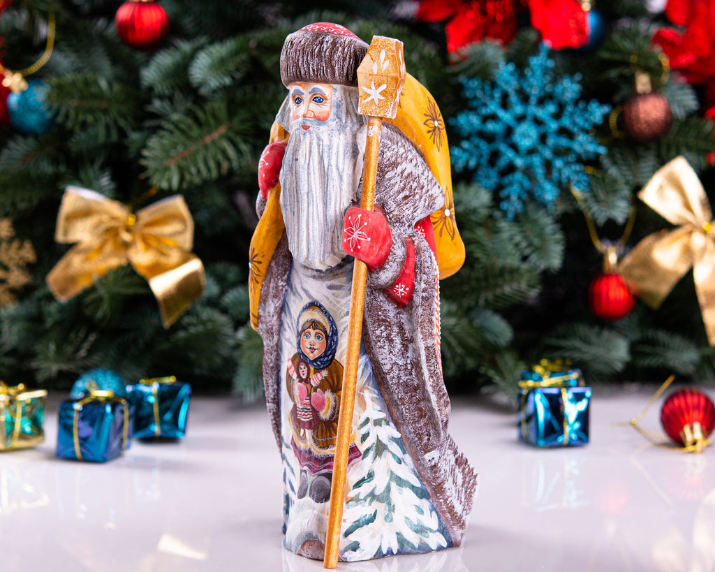 Old-World Santa wooden figurine 9.4 inch, child with doll painting, Christmas mantel decor