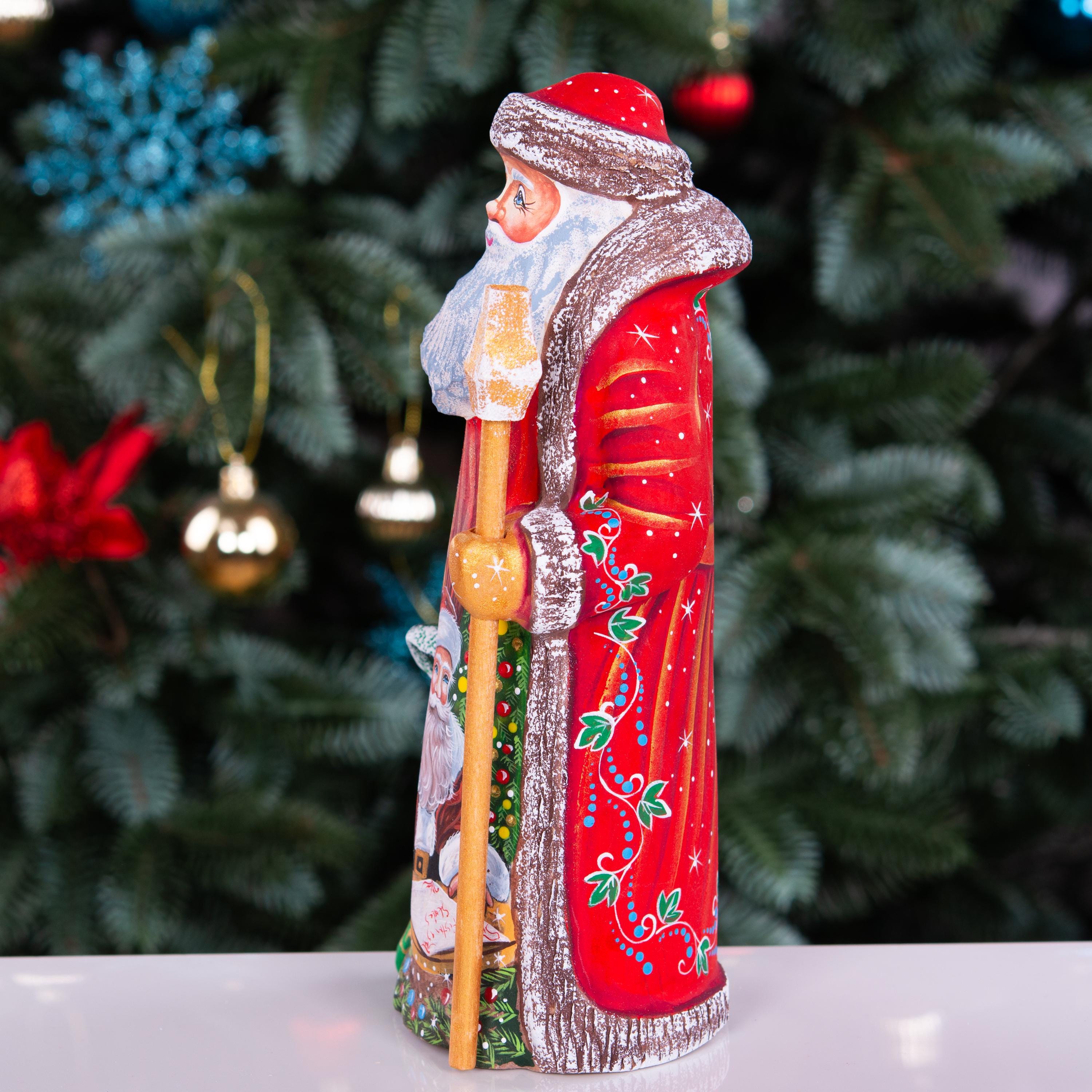 Hand carved wooden Santa, storybook Christmas list vignette, 9.1 inch