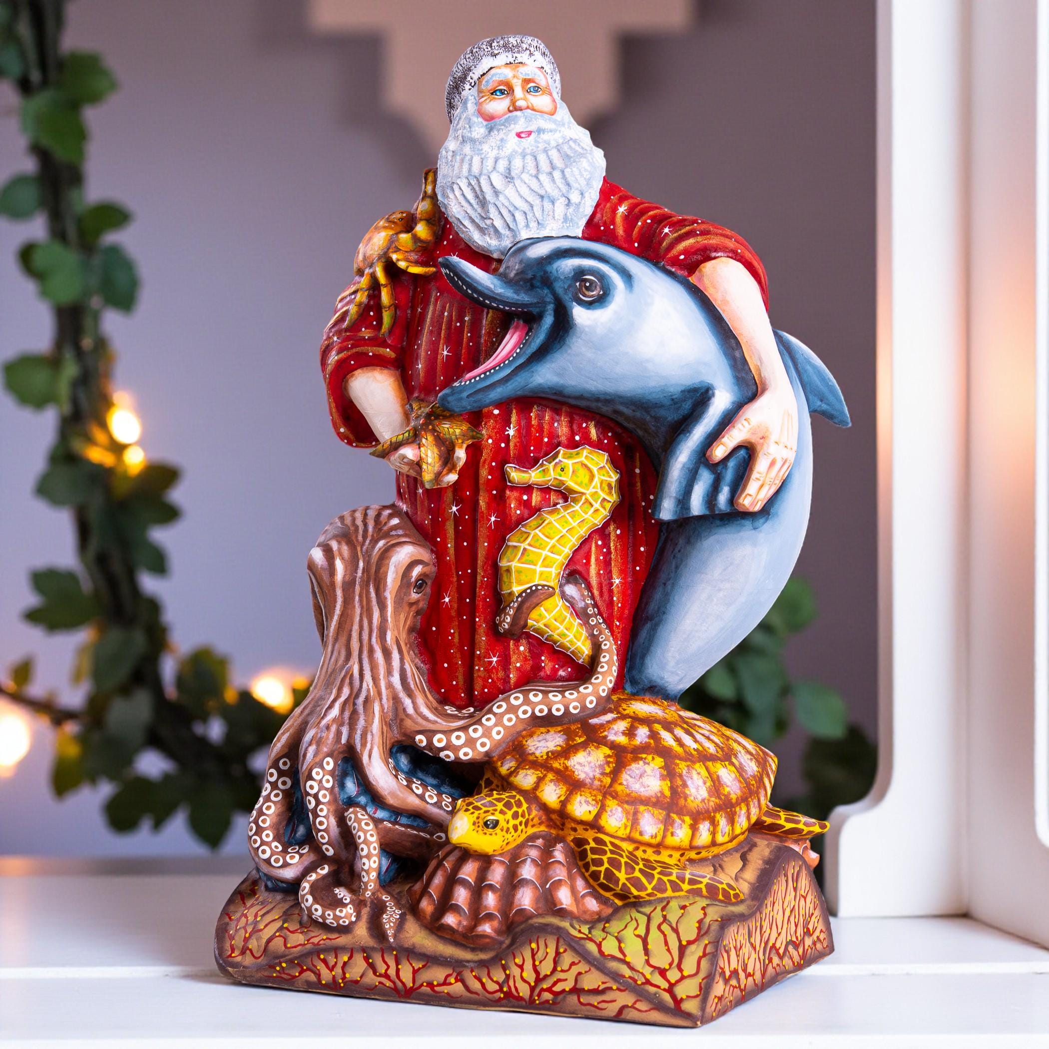 Hand-Carved Wooden Santa Claus Figurine: Ocean Theme Christmas Decor