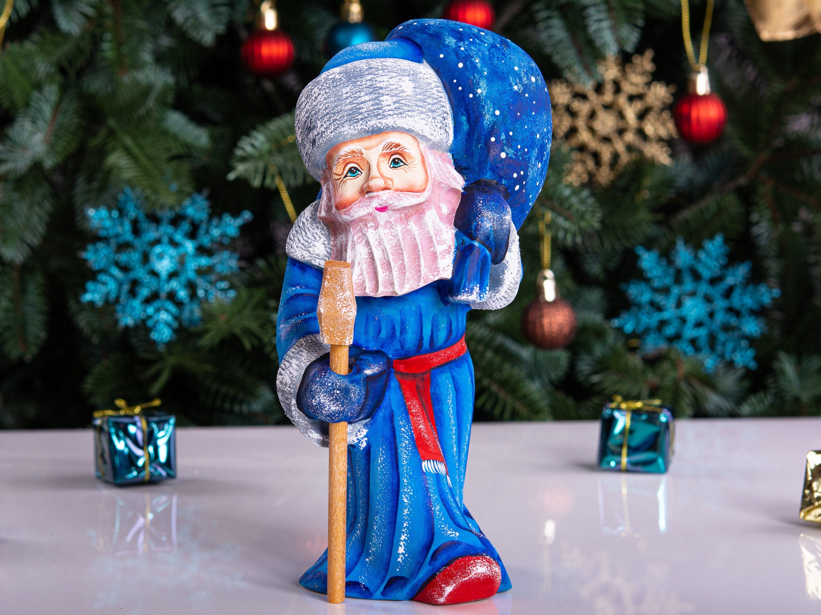 Kris Kringle nativity Santa 8 inch wooden figurine, religious Christmas shelf decor