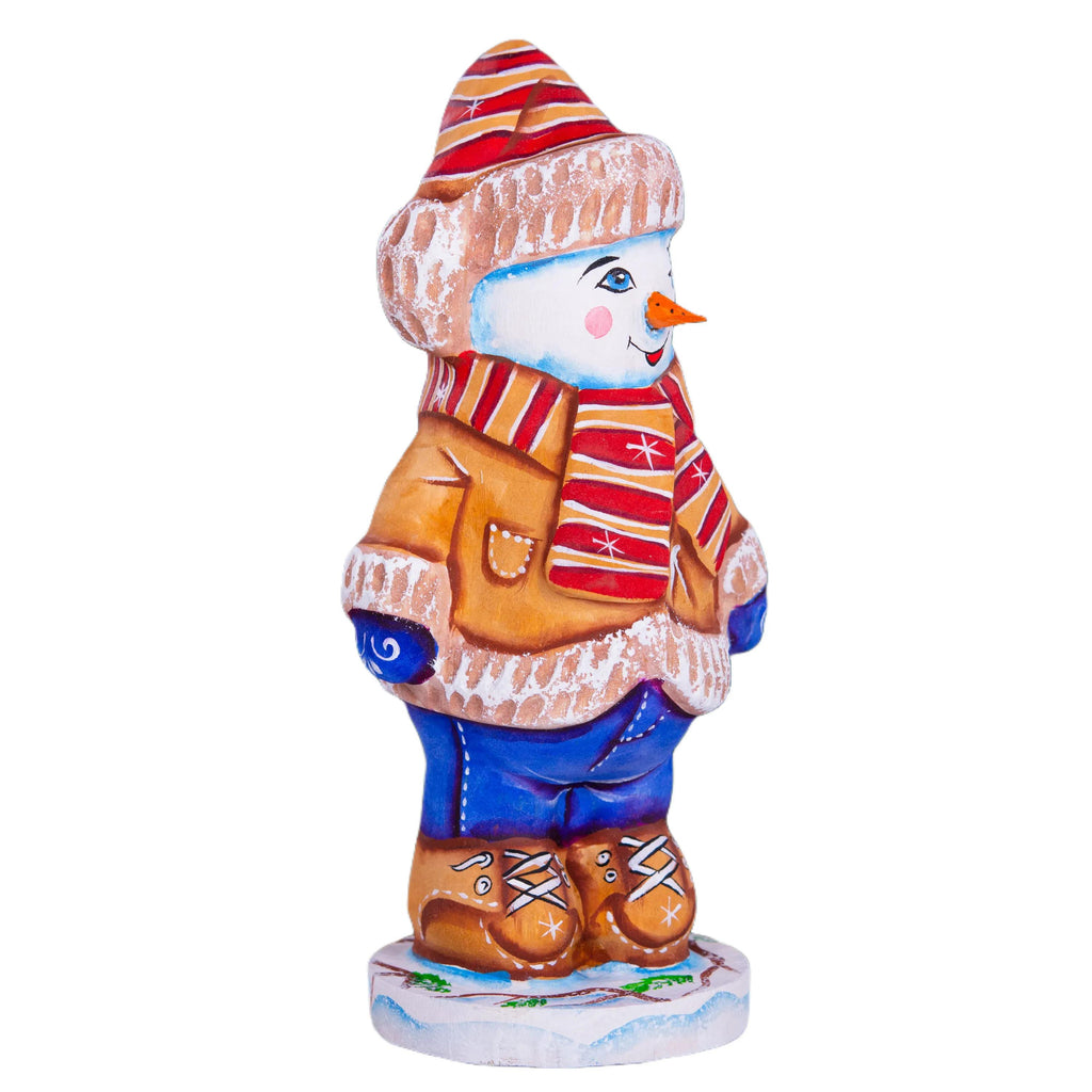 Hand-Carved Wooden Snowman Figurine: Christmas Holiday Decor (6 inch)