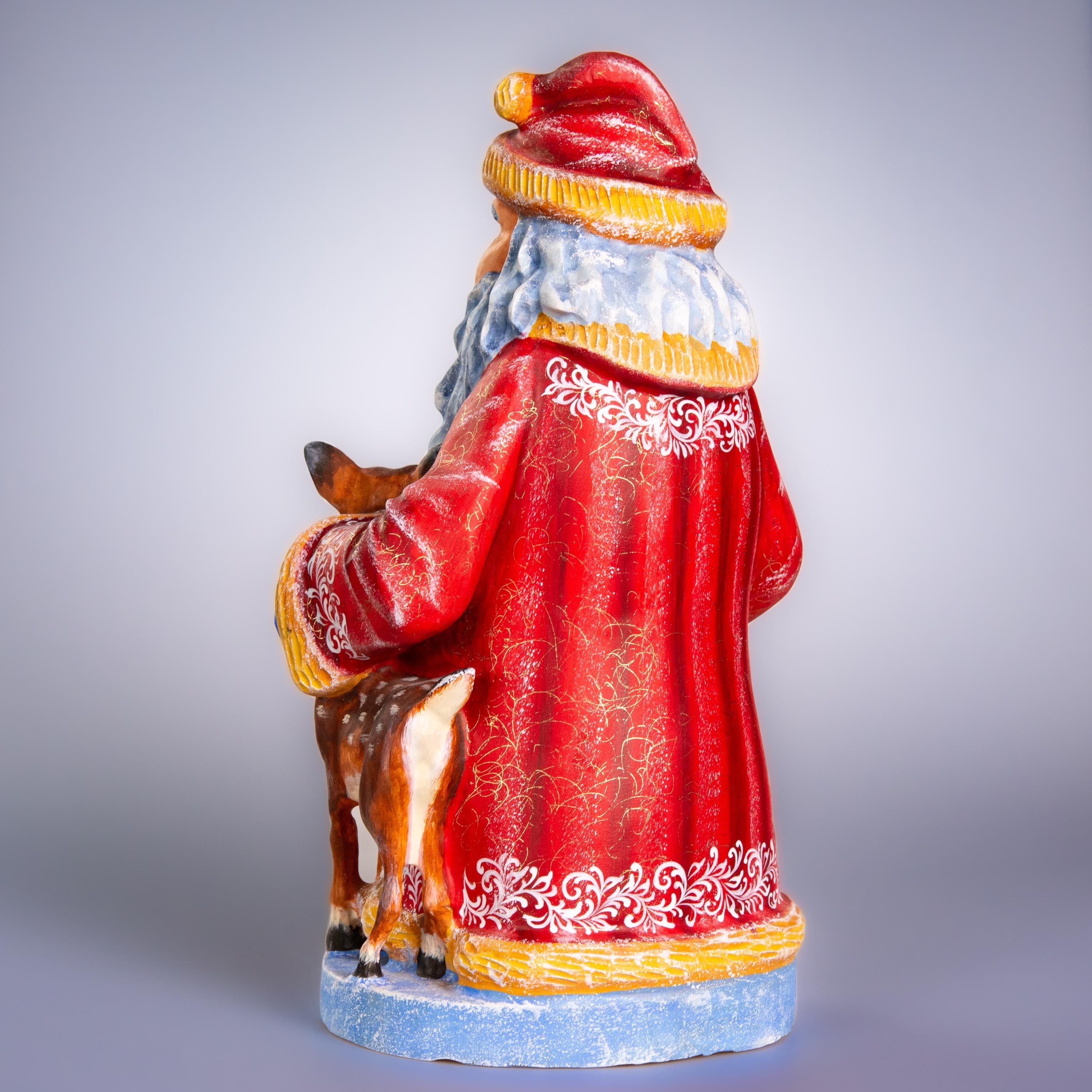 Hand carved Old-World Santa wooden figurine 14 inch, deer fawn apple scene, mantel decor