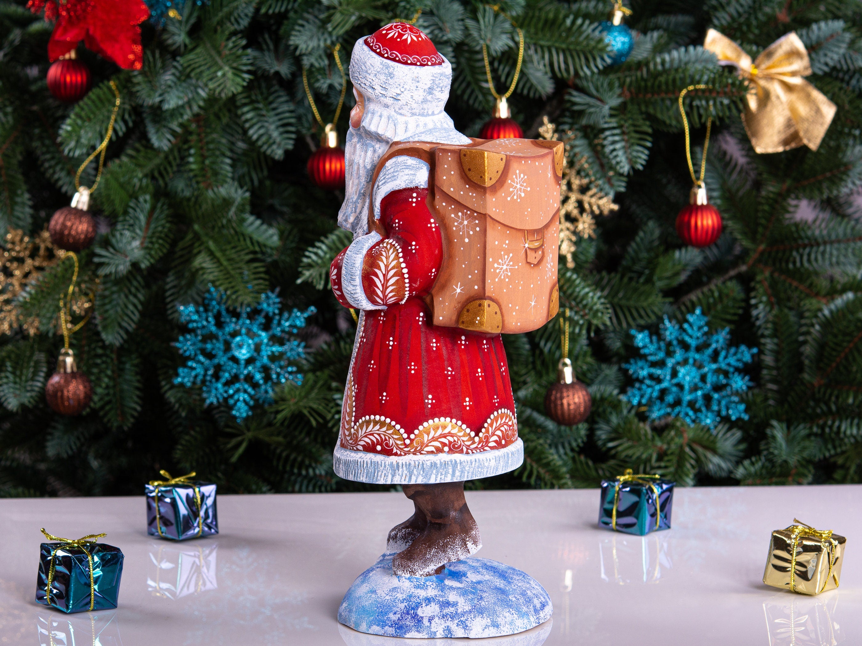 Hand carved wooden Santa figurine 11 inch, with backpack and staff, Christmas mantel decor