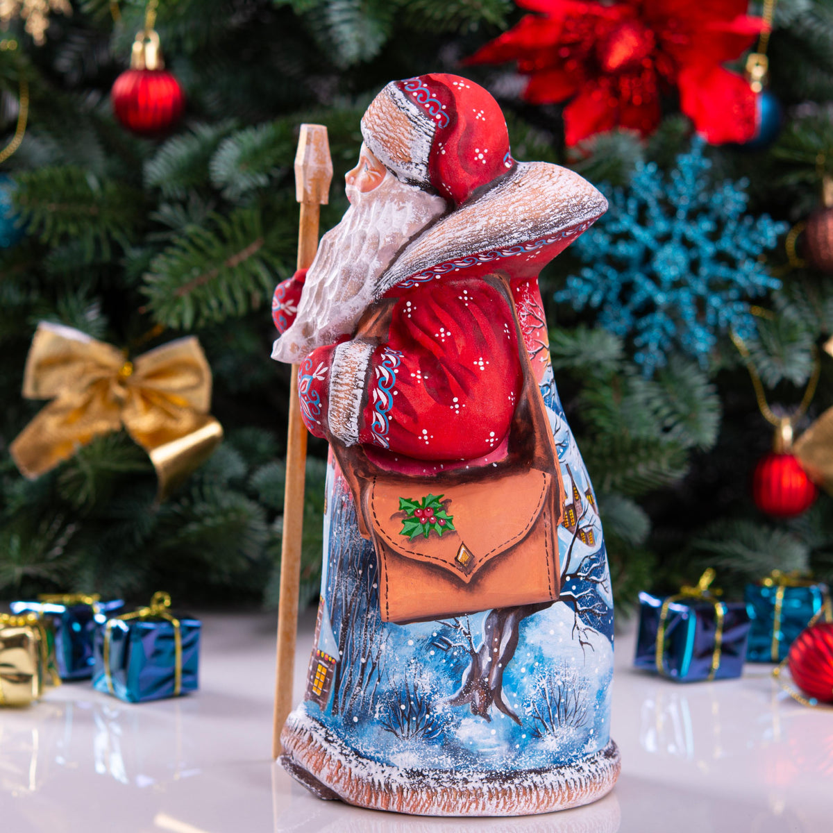 Red Santa Claus Figurine with Staff and Bag, Hand Painted Wood Christmas Decor with Snowy Landscape, Holiday Gift for Home or Collection