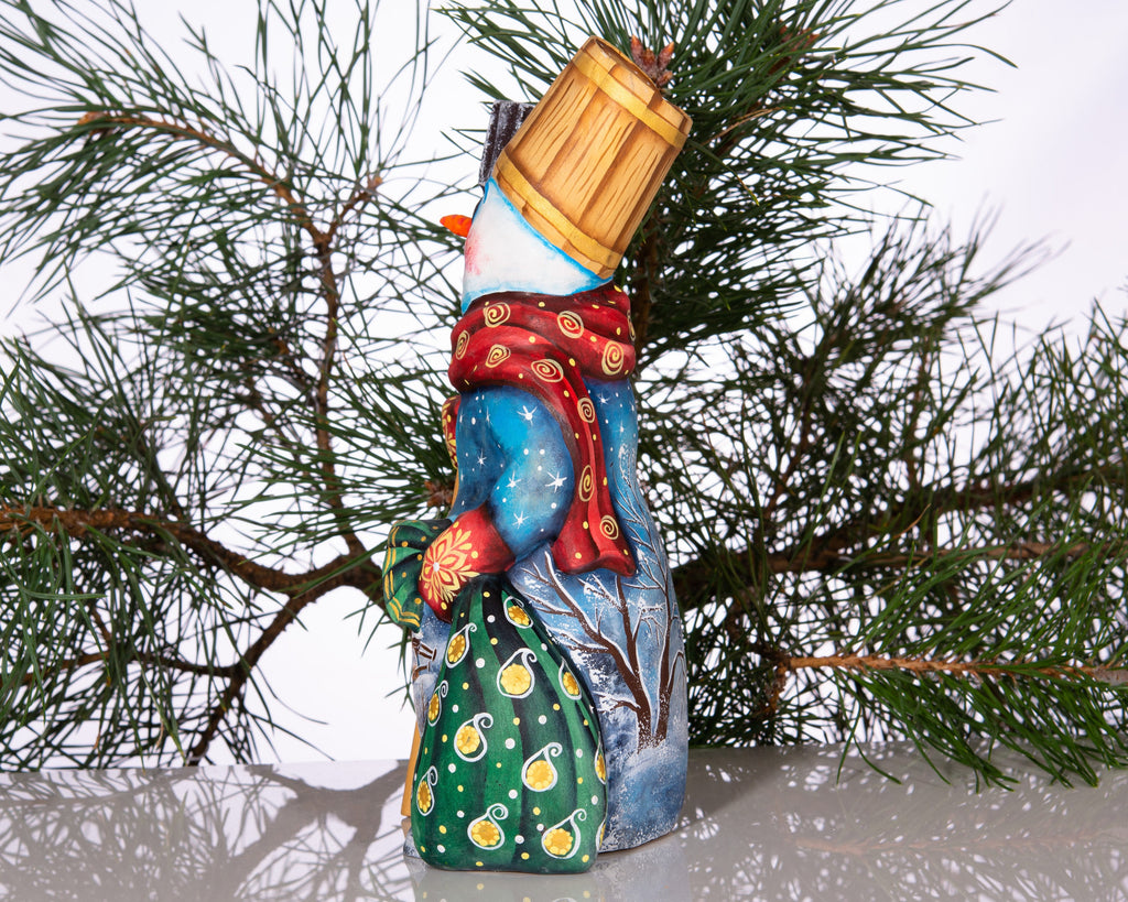 Christmas snowman wood figurine 8 inch, snowy cottage artwork, festive table centerpiece