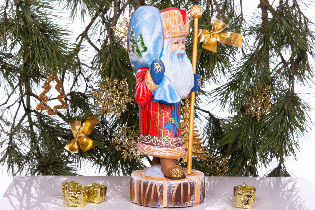 Hand carved wooden Santa figurine 13.8 inch, winter woodland animals artwork, mantel decor