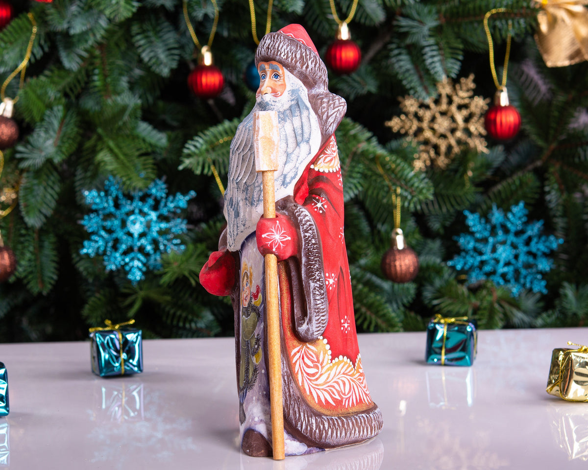 Hand carved Russian Santa 8.7 inch solid wood figurine, child scene
