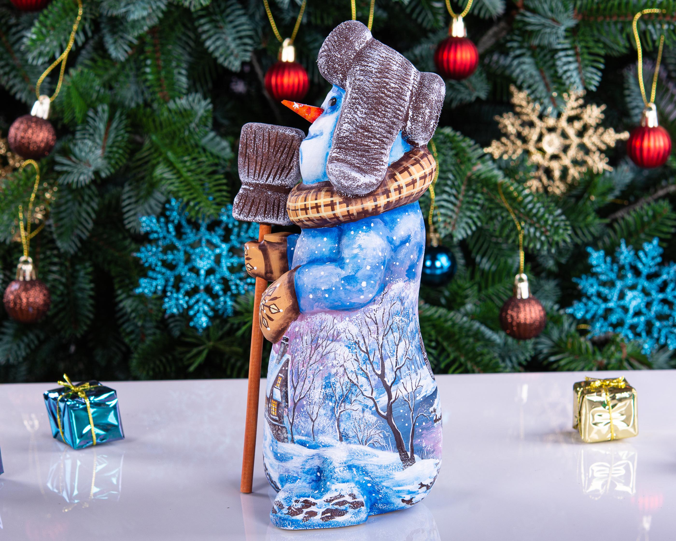 Snowman figurine in ushanka, hand painted landscape, 9.1 inch