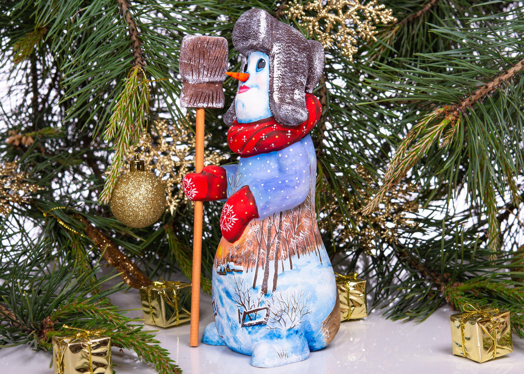 Hand carved snowman wooden figurine 9.1 inch, broom, winter village scene
