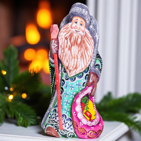 Hand Carved Wooden Santa Figurine: 9 Inch Rustic Christmas Decor