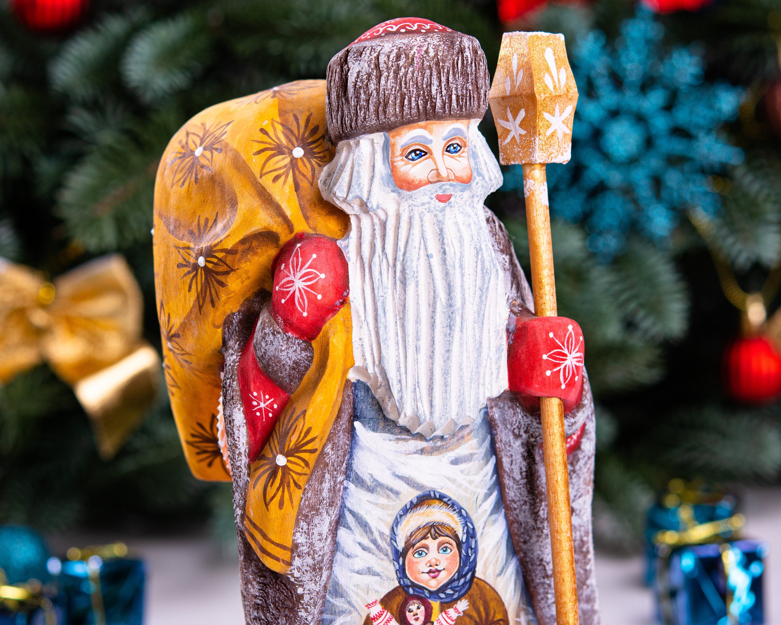 Old-World Santa wooden figurine 9.4 inch, child with doll painting, Christmas mantel decor