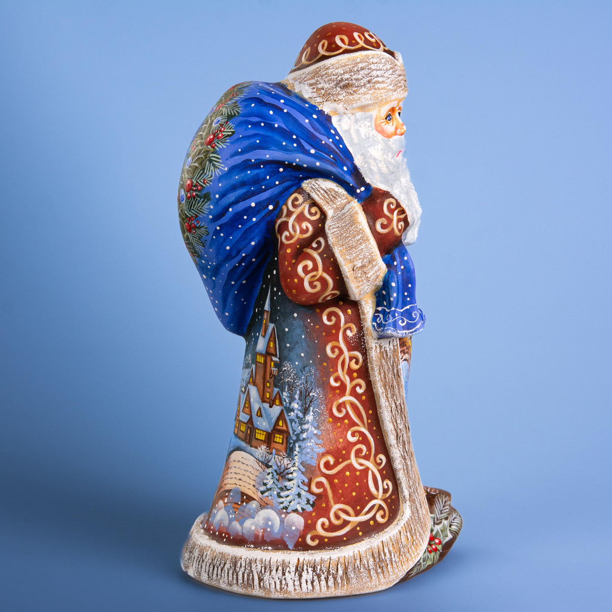 Hand Carved Santa Figure 9 inch: Snowy Cottage Scene, Signed Art