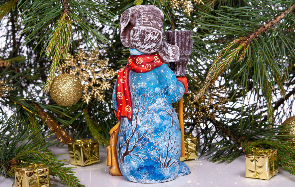 Snowman wooden statue 8 inch, holding broom, tabletop Christmas accent