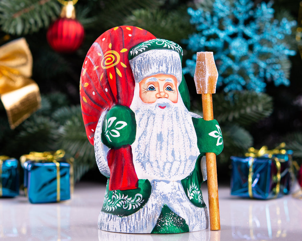 Hand carved green Santa wooden figurine 5 inch, folk art mantel decor