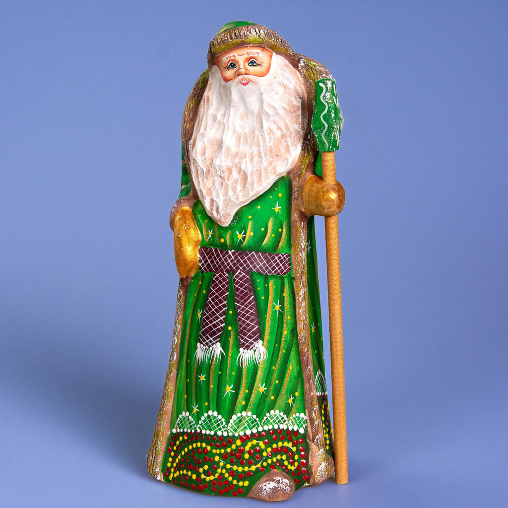 Hand carved green Santa wooden figurine 8.7 inch, Christmas mantel display decor