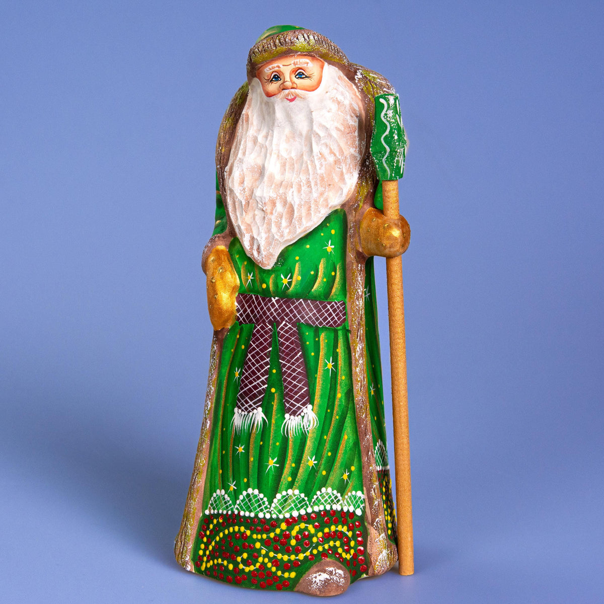Hand carved green Santa wooden figurine 8.7 inch, Christmas mantel display decor
