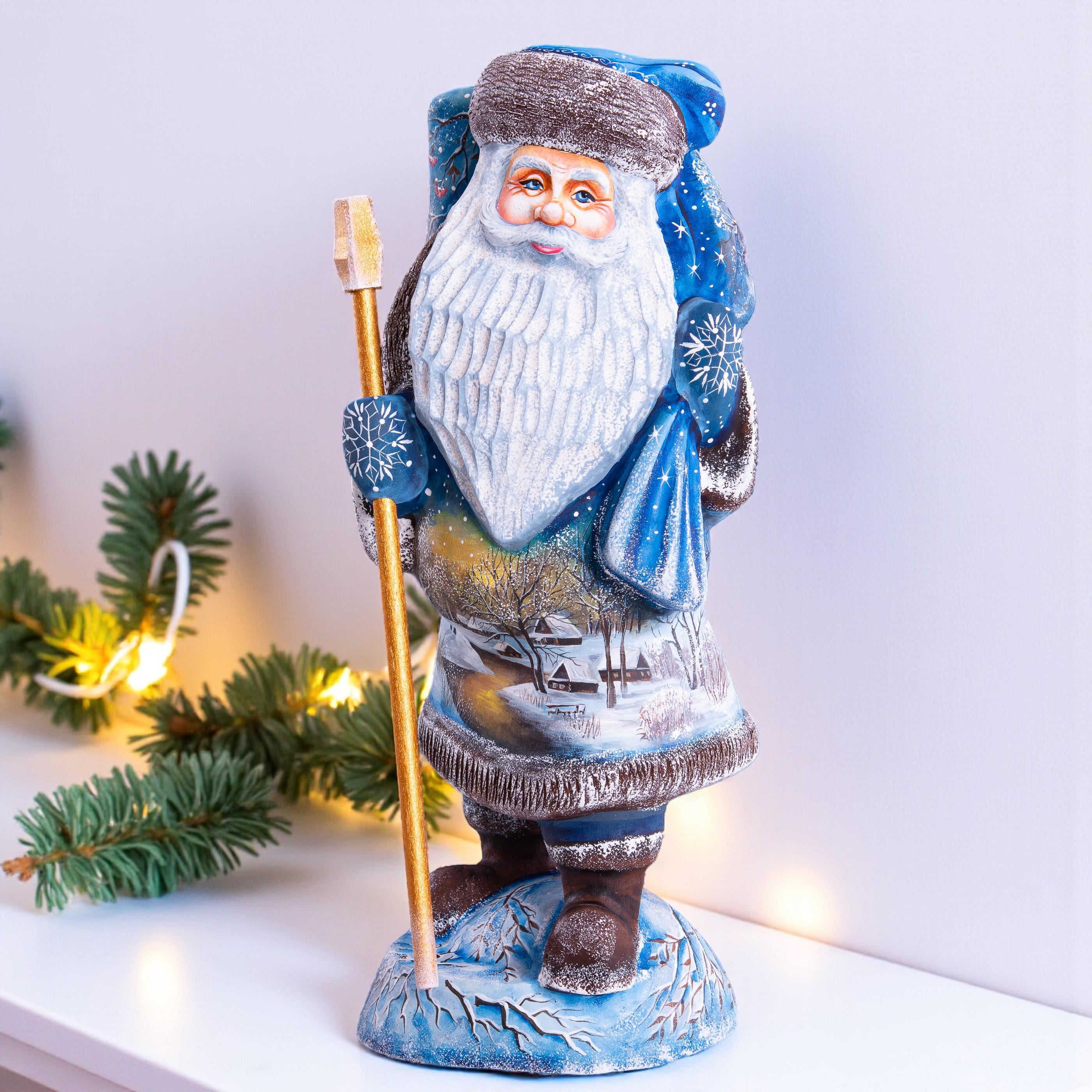 Hand carved Old-World Santa wooden figurine 11 inch, winter village landscape, mantel decor
