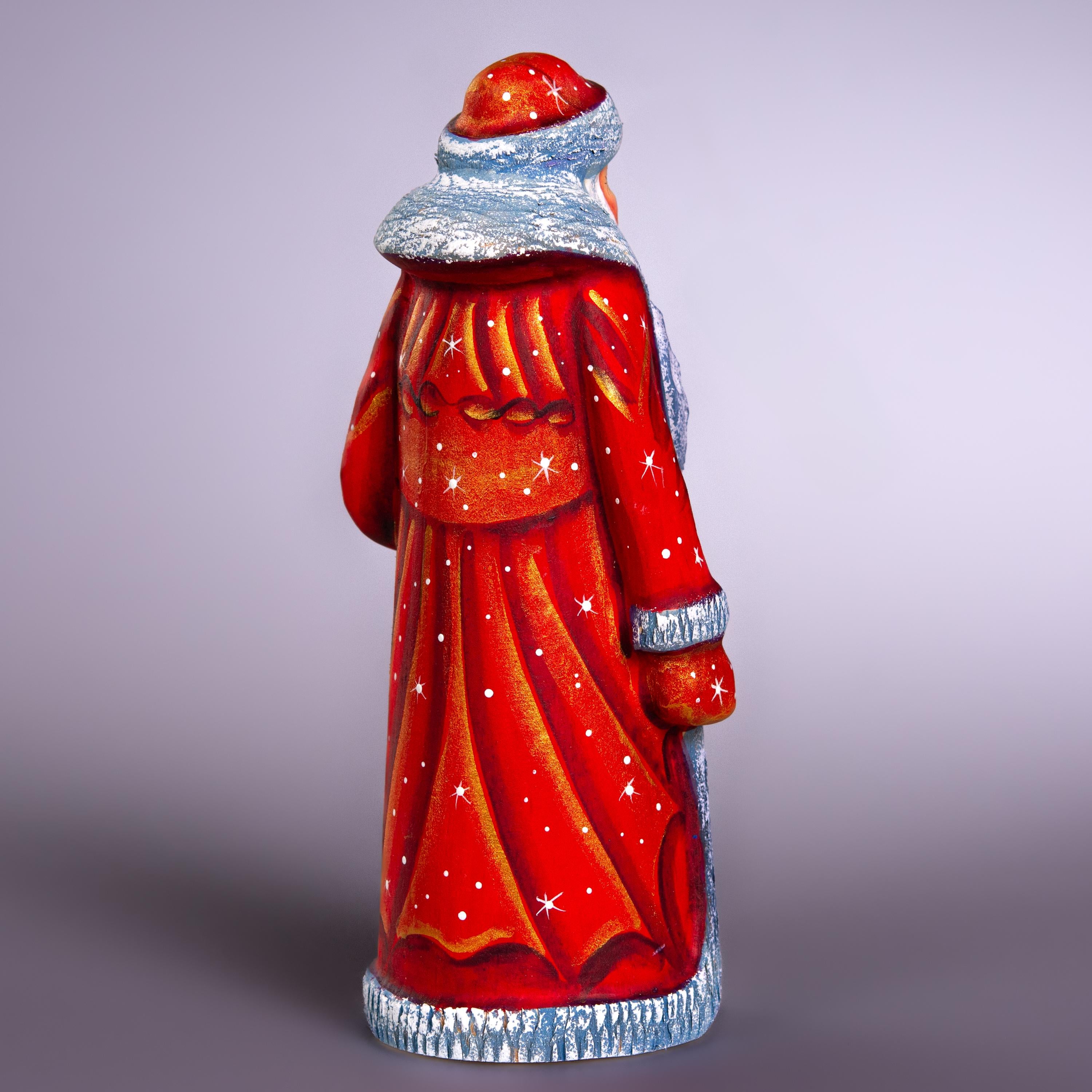 Old-World Santa wooden figurine 7.5 inch, winter church scene, mantel display gift