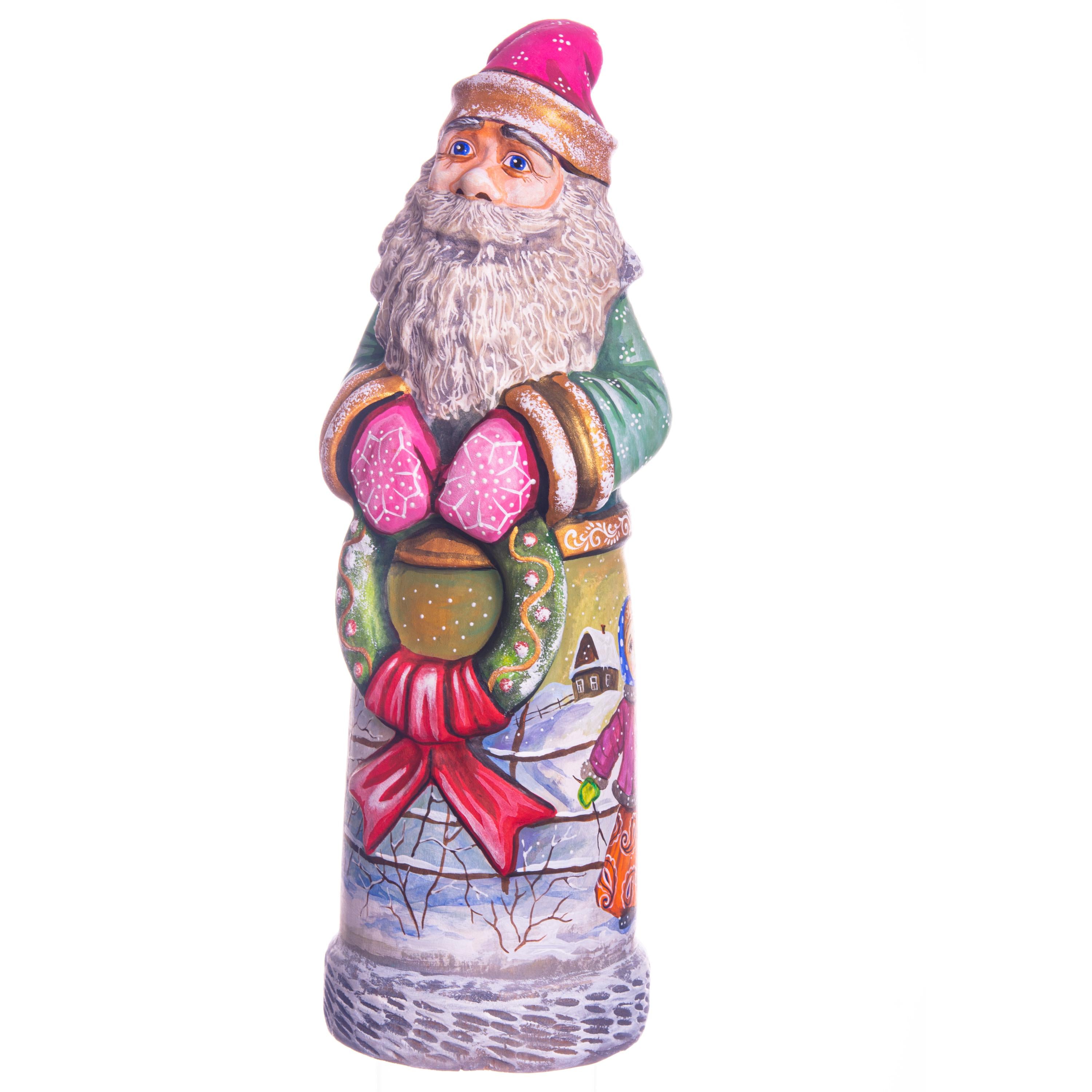Hand carved green Santa wooden figurine 11 inch, children snowman scene