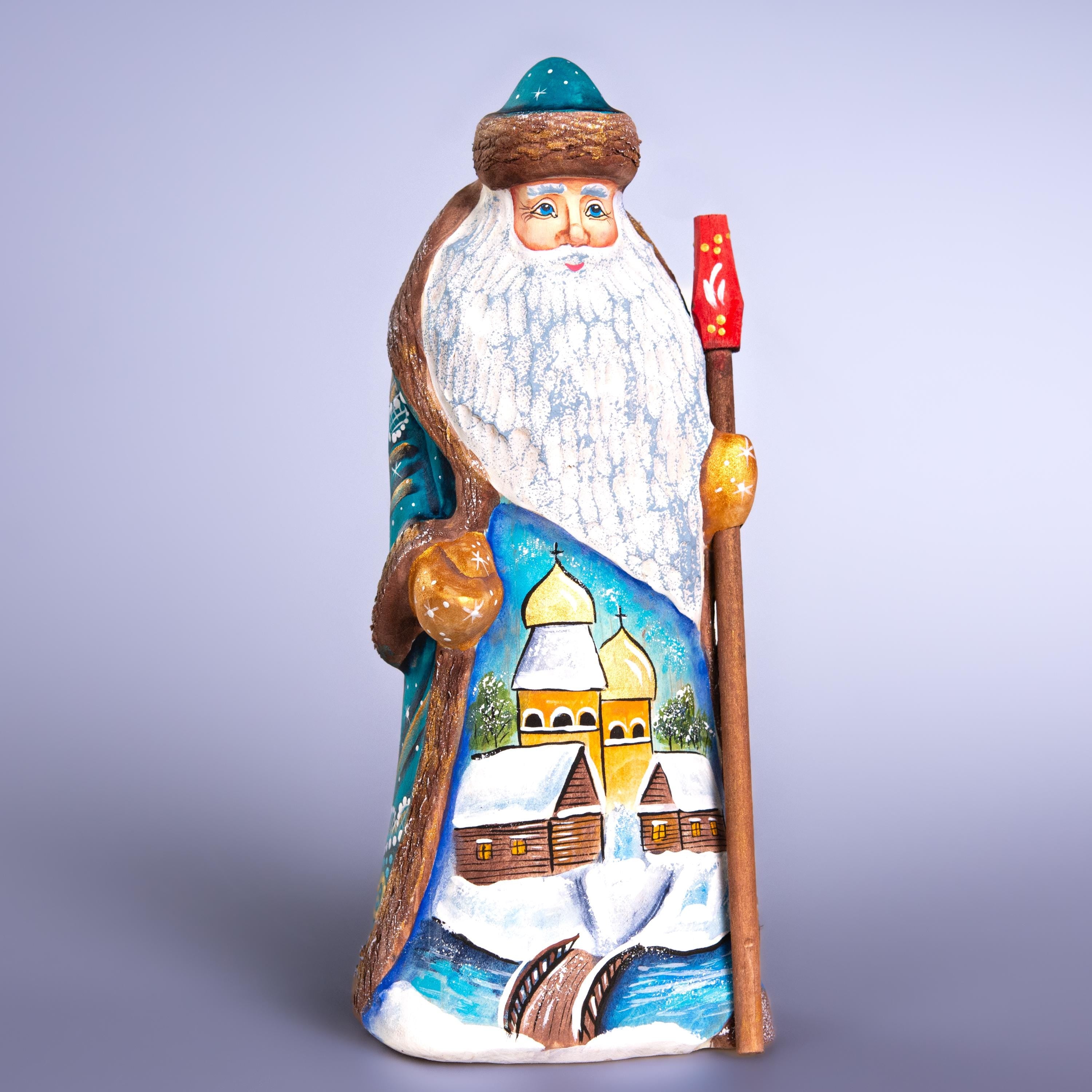Hand Carved Santa Claus Figurine: Blue & Gold Winter Village Scene