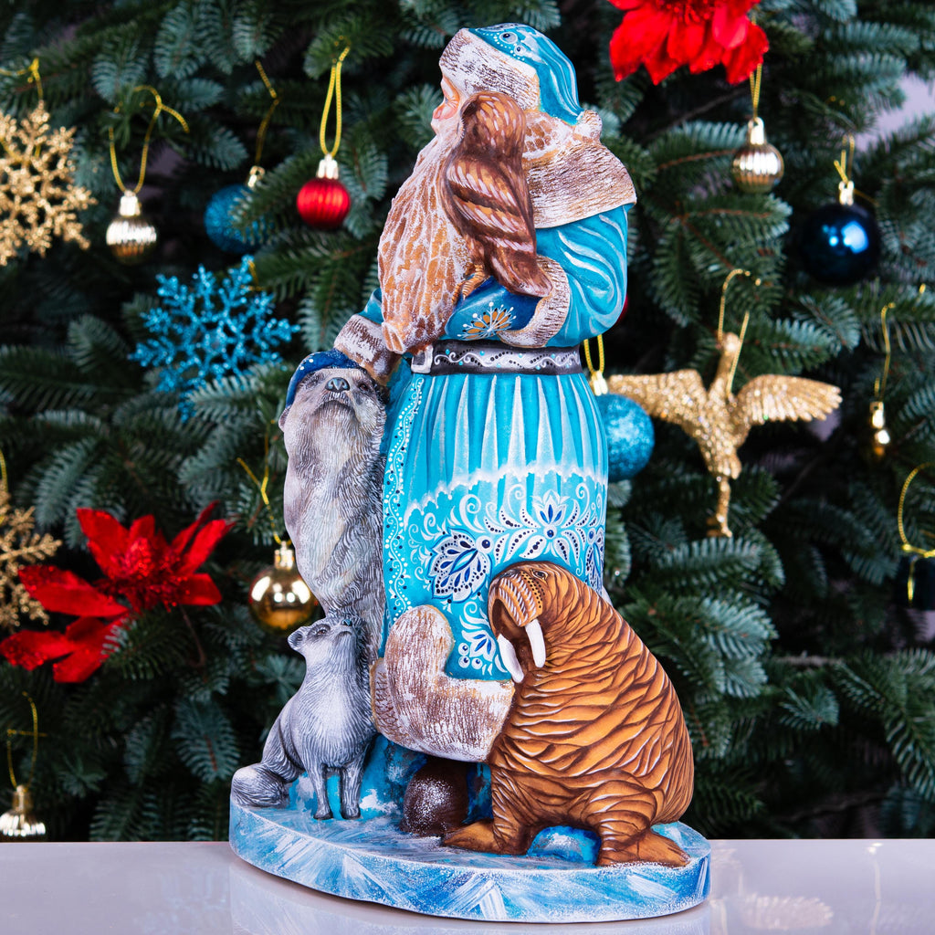 Hand carved Old-World Santa wooden figurine 14 inch, Arctic wildlife scene, mantel decor