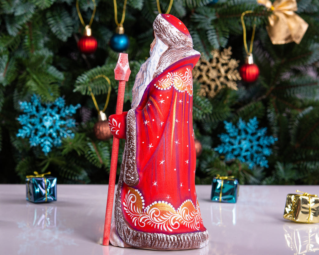 Father Frost, Hand-Carved Wood, Staff and Snowy Forest Child, 9″