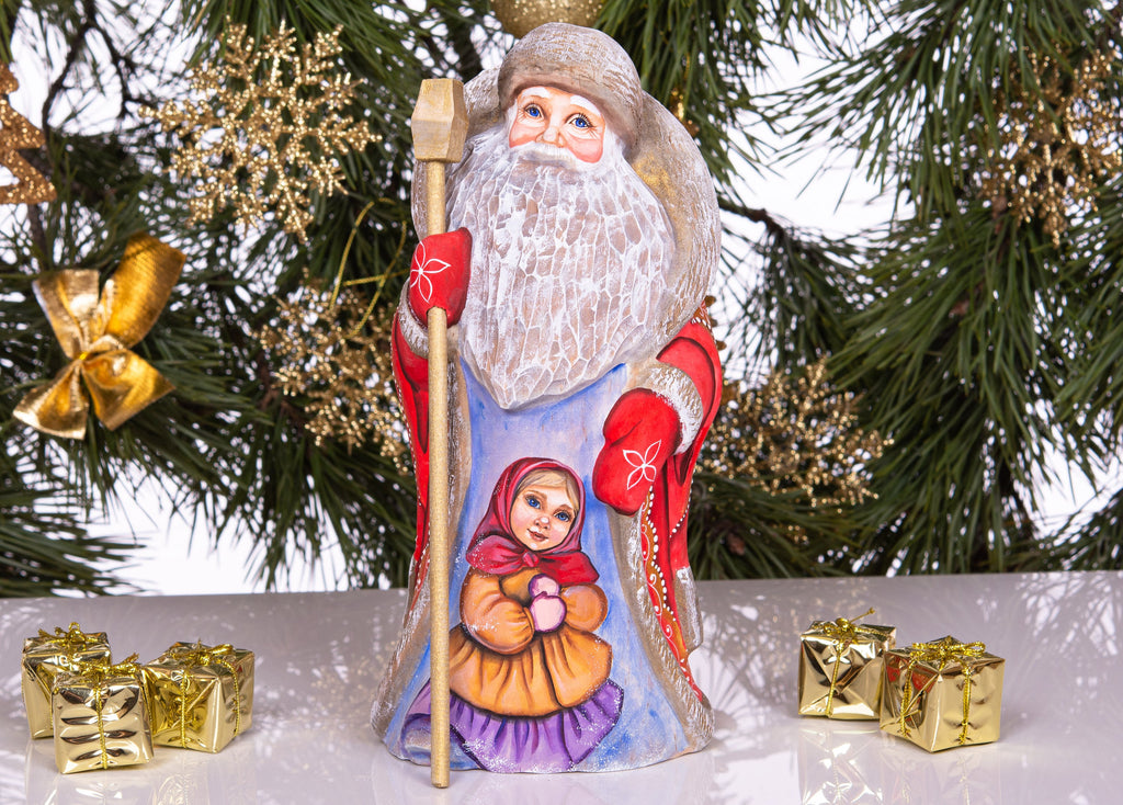 Old-World Santa wooden figurine 9 inch, little girl winter portrait, holiday mantel decor