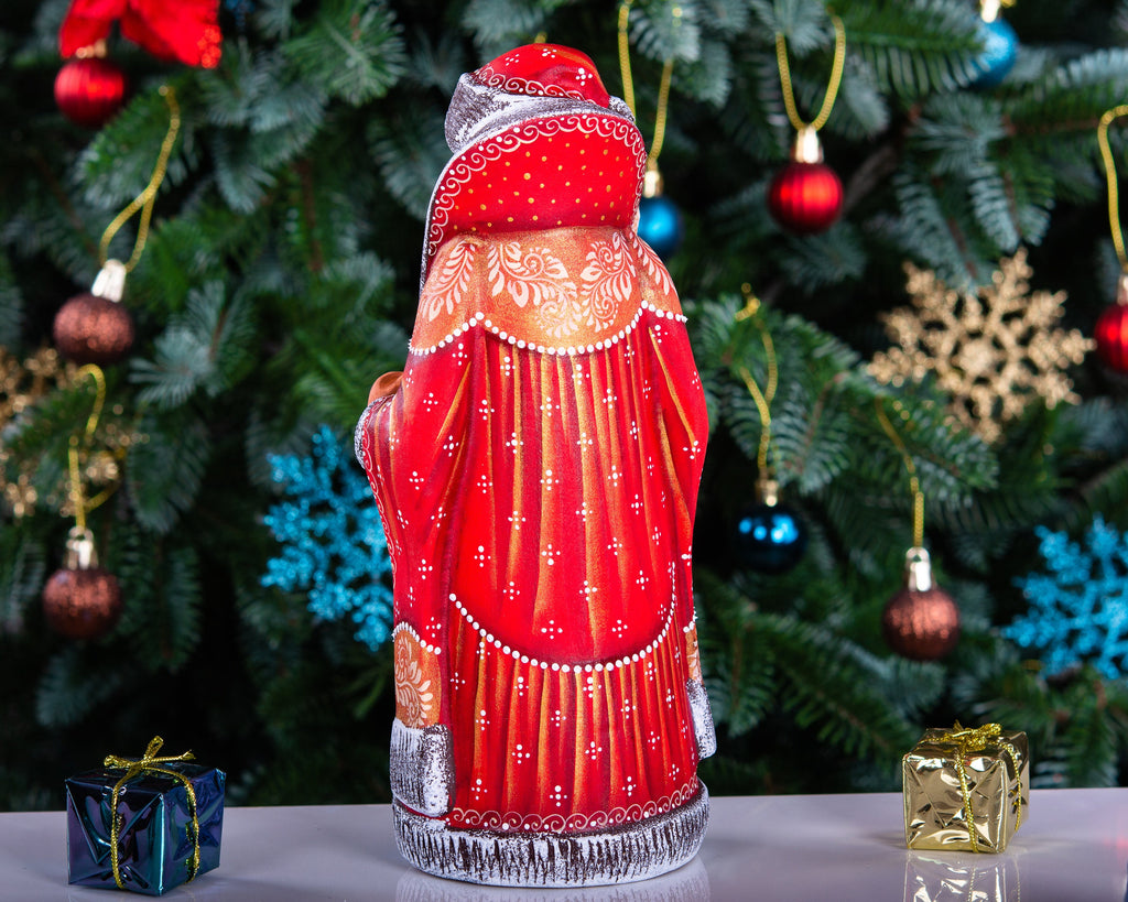 Hand carved wooden Santa figurine 9 inch, sunset winter landscape, mantel display