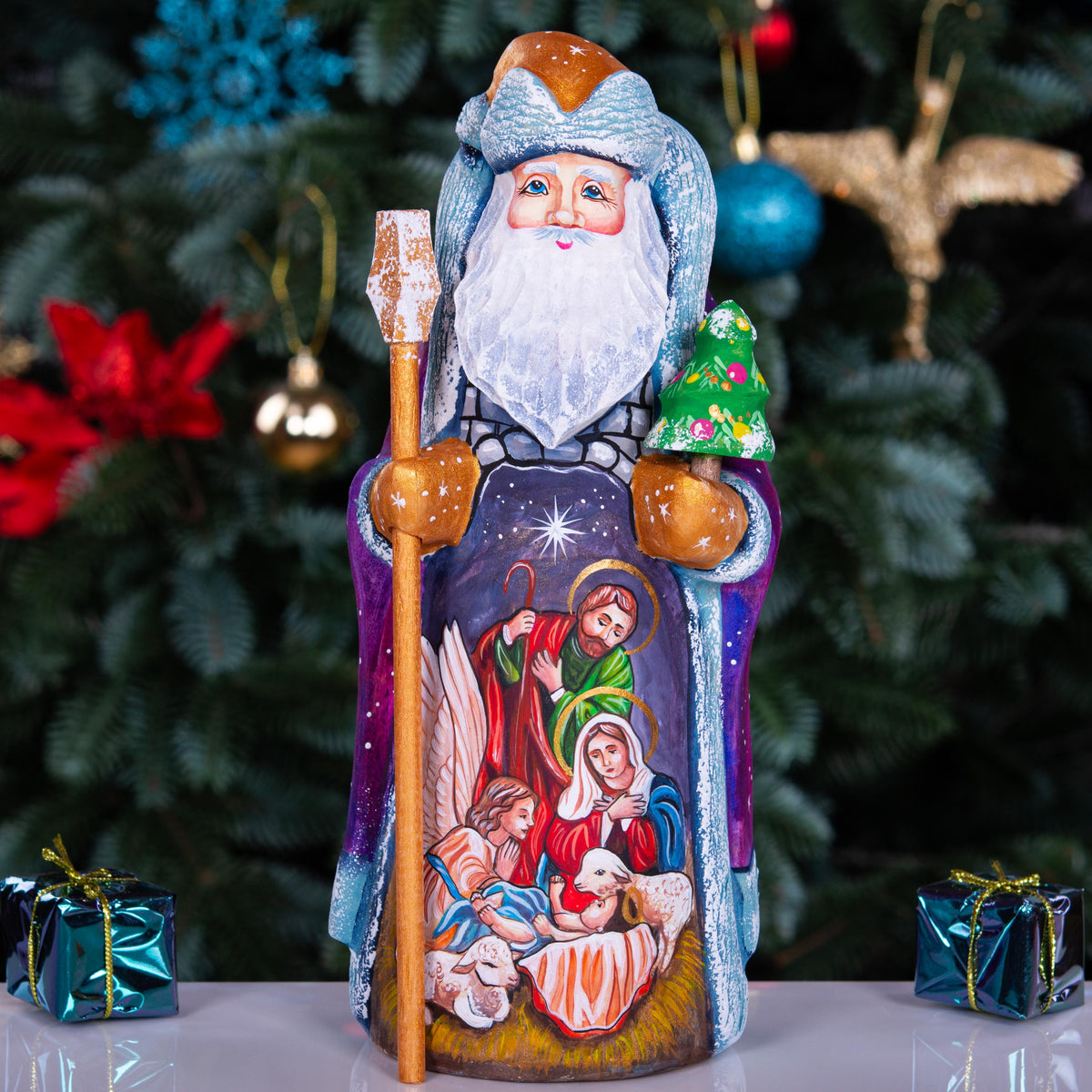Wooden Santa figurine 9", Nativity Holy Family, Artist Painted Folk Art