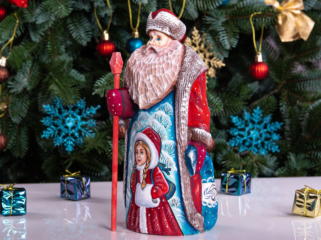 Hand carved Santa wooden figurine 9 inch, Snow Maiden scene, shelf decor