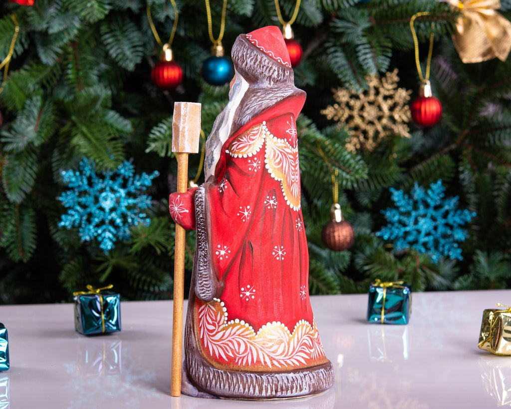 Hand carved Russian Santa 8.7 inch solid wood figurine, child scene