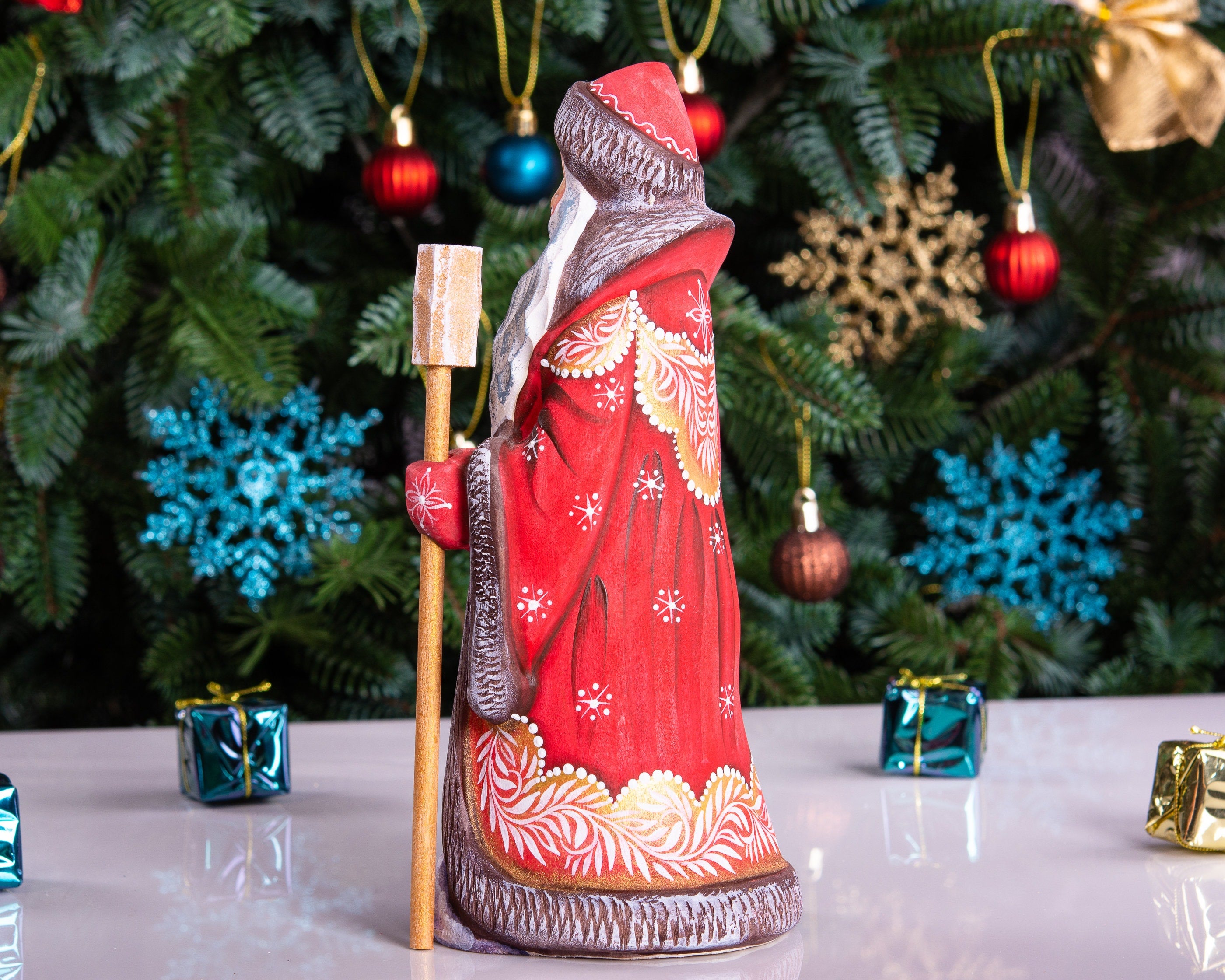 Hand carved Russian Santa 8.7 inch solid wood figurine, child scene