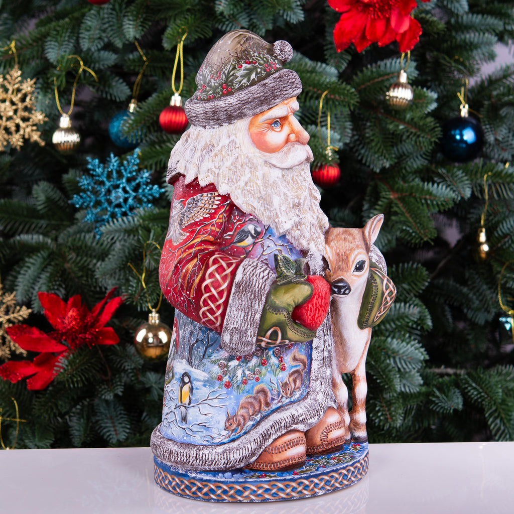 Hand carved Santa 14 inch solid wood statue, woodland animal scene