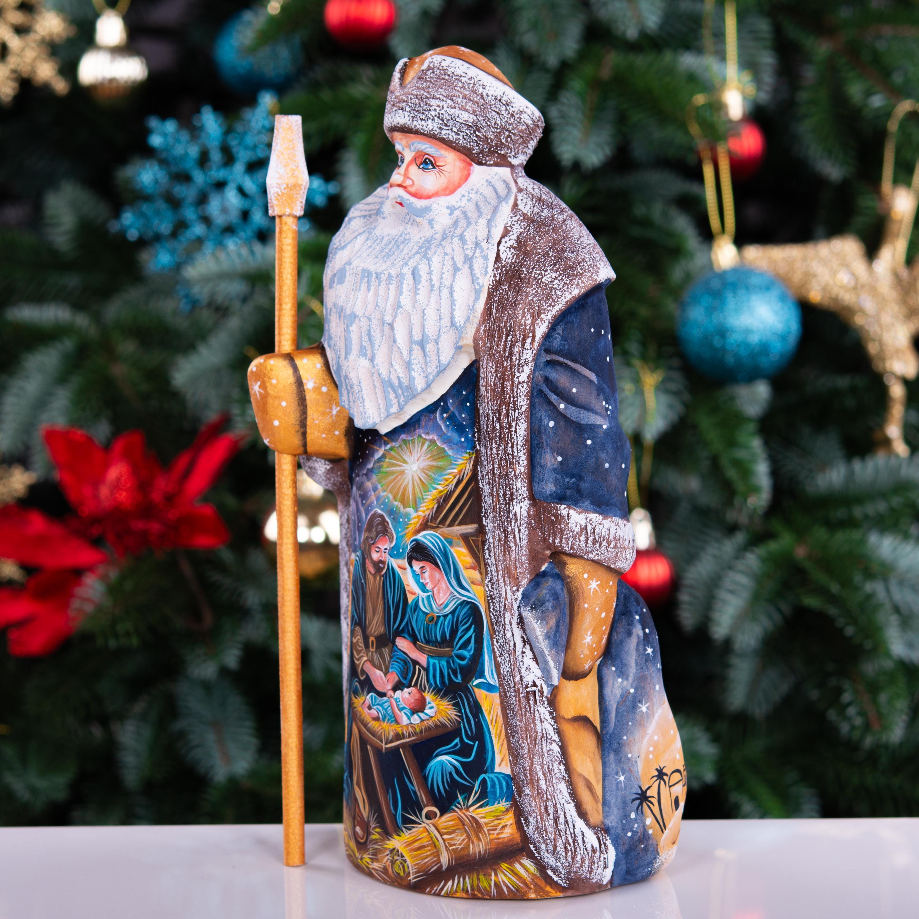 Santa Figurine 9", Holy Night Nativity, Hand Carved Wood
