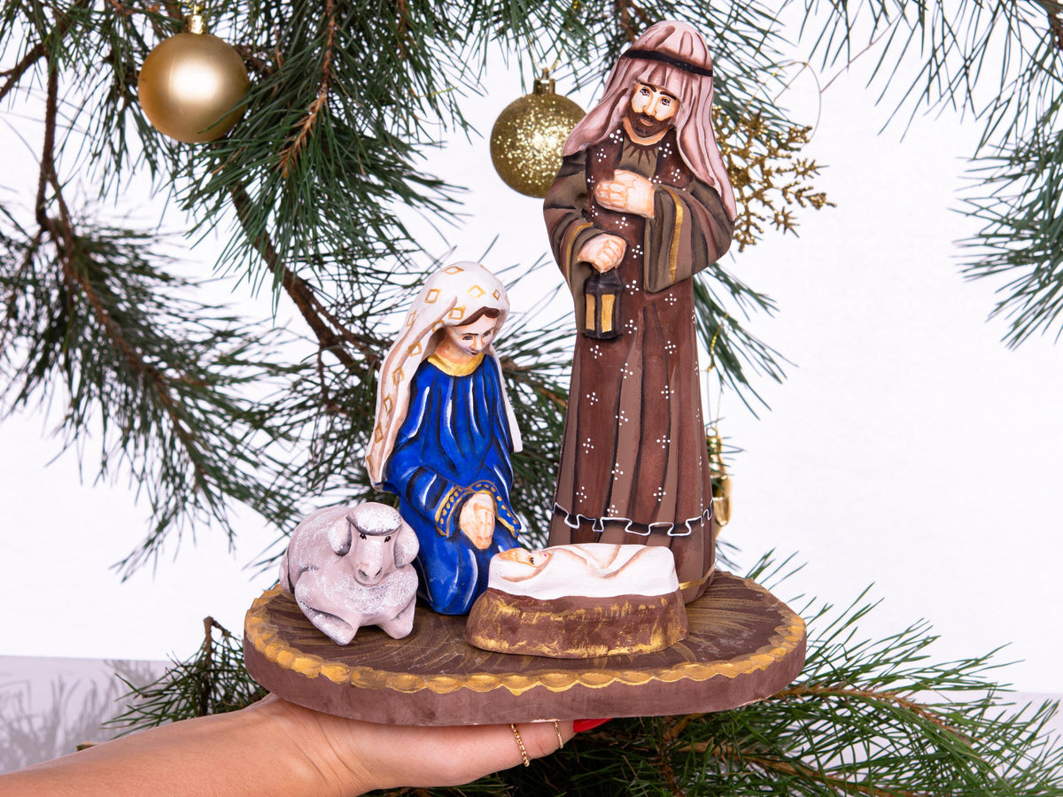 Hand carved Nativity figurine 9.4 inch, Holy Family manger scene