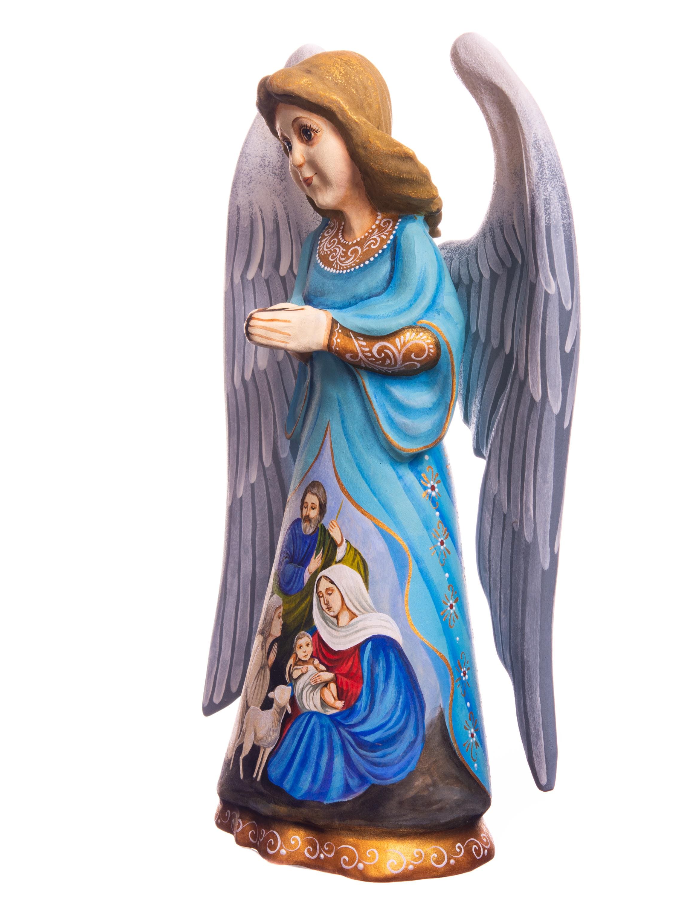 Hand carved angel figurine 9 inch, Holy Family Nativity Scene Mantel display