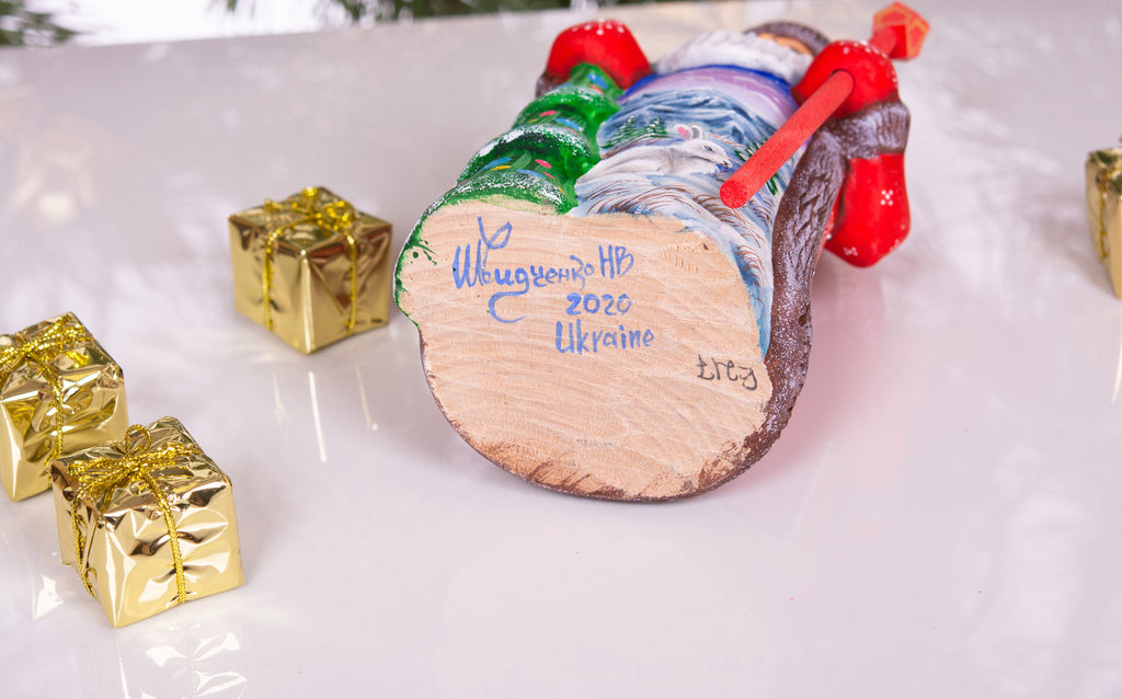 Woodland Santa wooden figurine 8 inch, snowy mountains and bunny, holiday shelf display