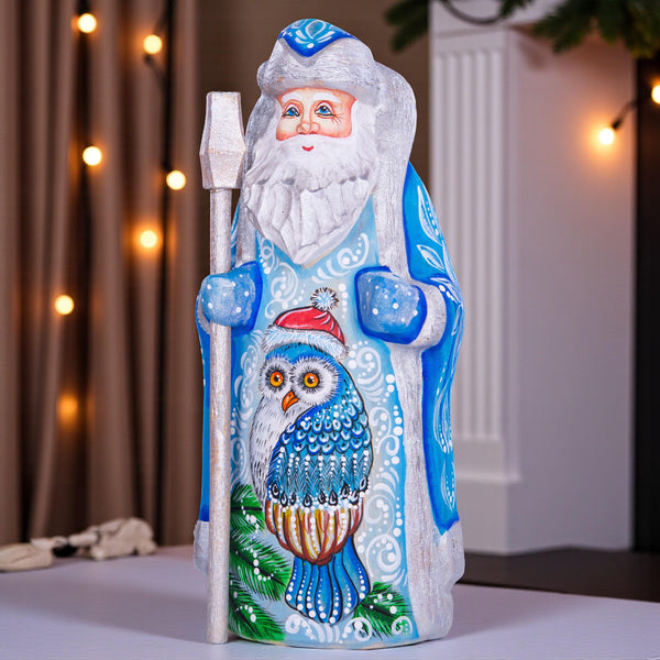 Hand carved blue Santa figurine 7 inch, owl painting, Nordic folk art centerpiece