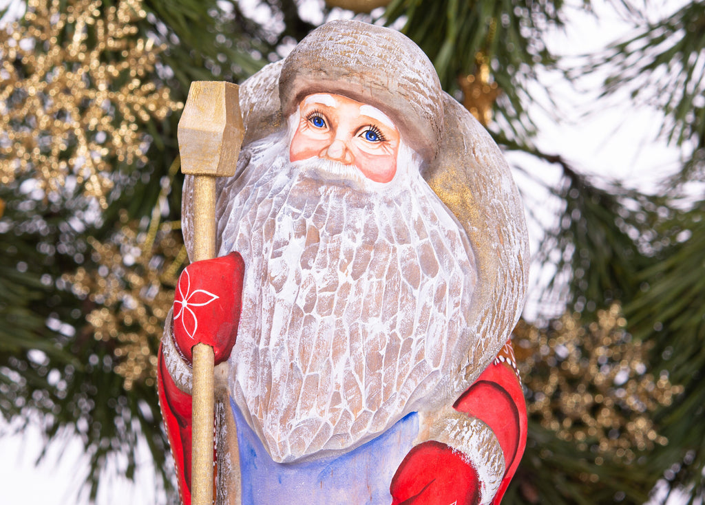 Old-World Santa wooden figurine 9 inch, little girl winter portrait, holiday mantel decor