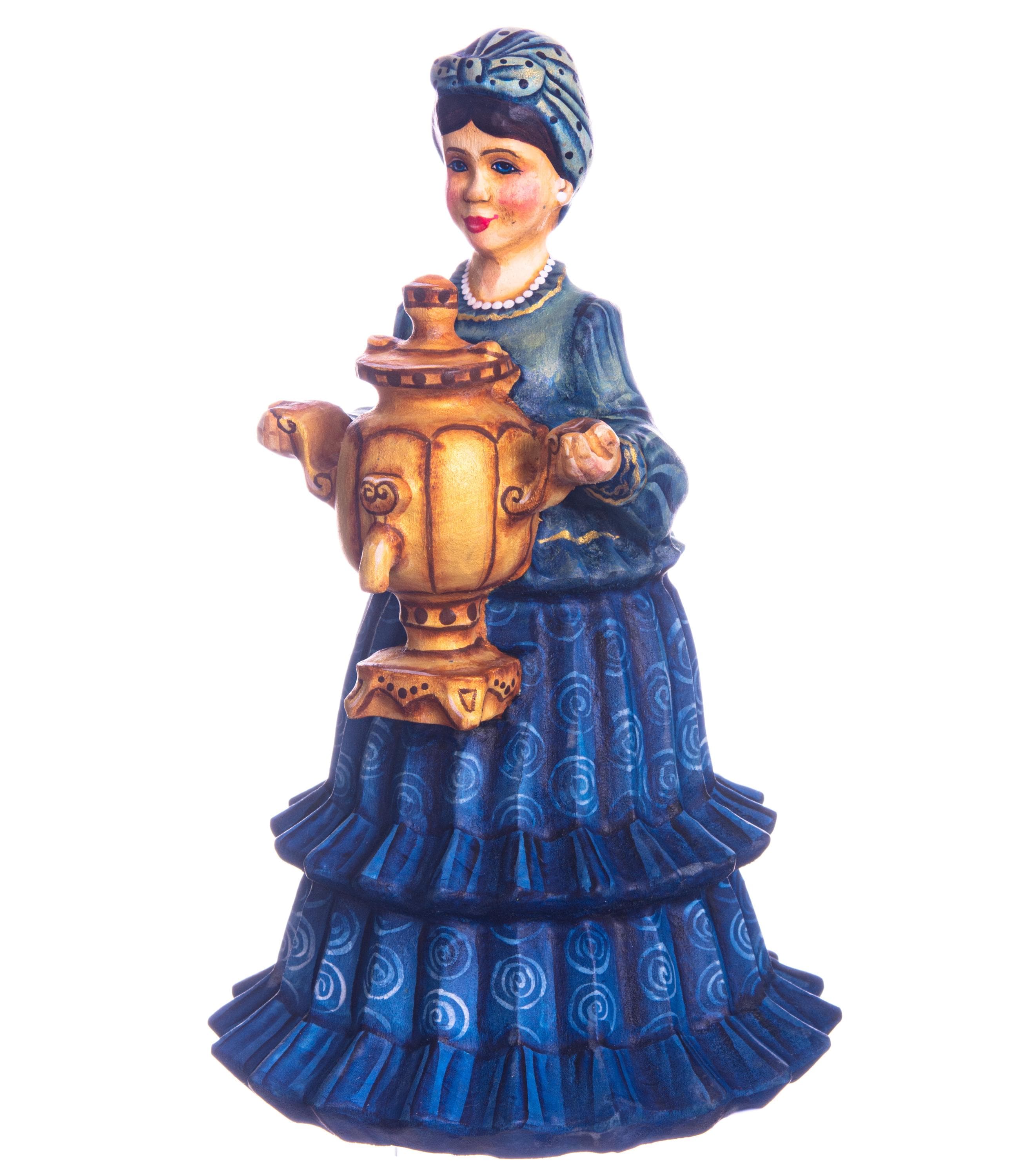 Hand carved hostess with samovar wooden figurine 7.5 inch, folk art decor