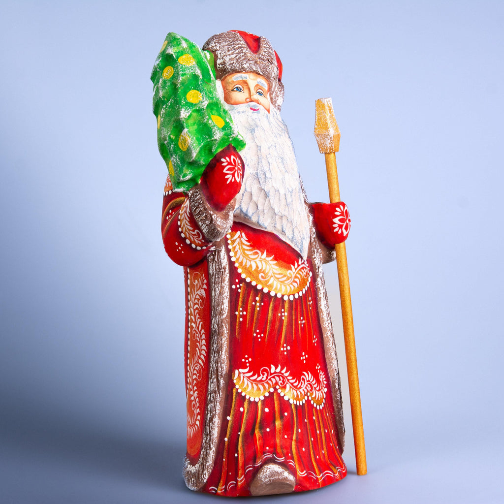 Hand Carved Santa Figurine: Red & Gold Robe, Wooden Christmas Mantel Decor